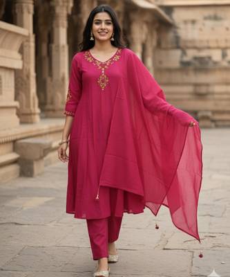 Rani-pink chanderi hand embroidery kurta set 2