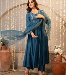 Light-blue chanderi silk embroidered
