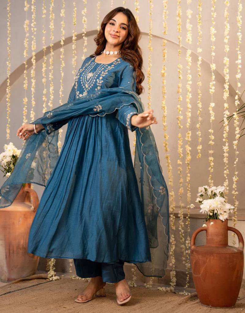 Light-blue chanderi silk embroidered