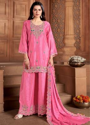 Rani-pink silk blend embroidered palazzo set 1
