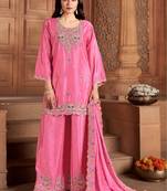 Rani-pink silk blend embroidered palazzo set