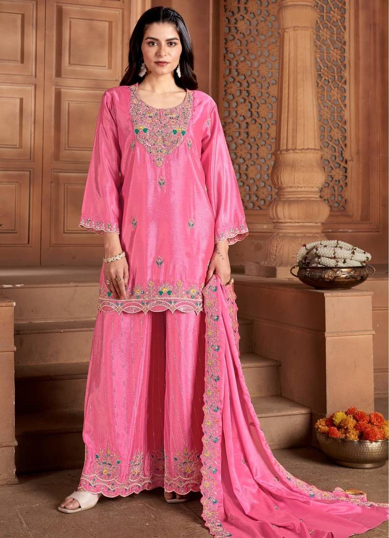 Rani-pink silk blend embroidered palazzo set