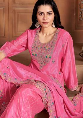 Rani-pink silk blend embroidered palazzo set 2