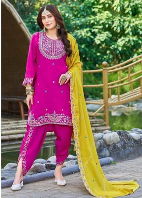 Dark-rani-pink viscose rayon embroidered dhoti set 1
