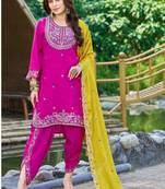 Dark-rani-pink viscose rayon embroidered dhoti set