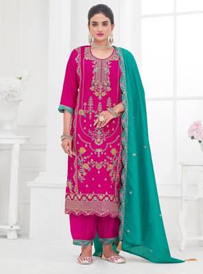 Dark-rani-pink viscose rayon embroidered salwar kameez 1
