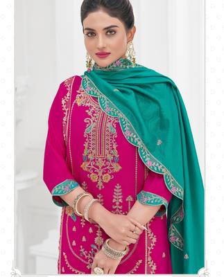 Dark-rani-pink viscose rayon embroidered salwar kameez 2