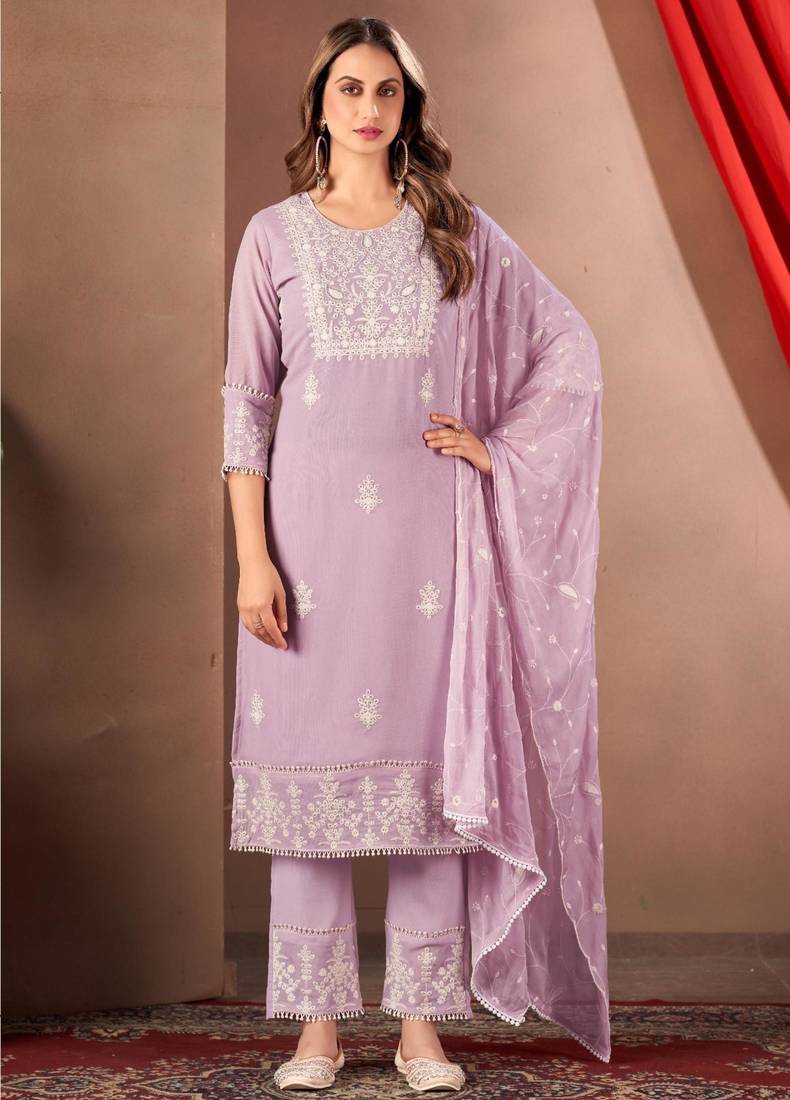 Lavender georgette embroidered kurta set