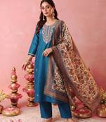 Dark-blue pure silk embroidered