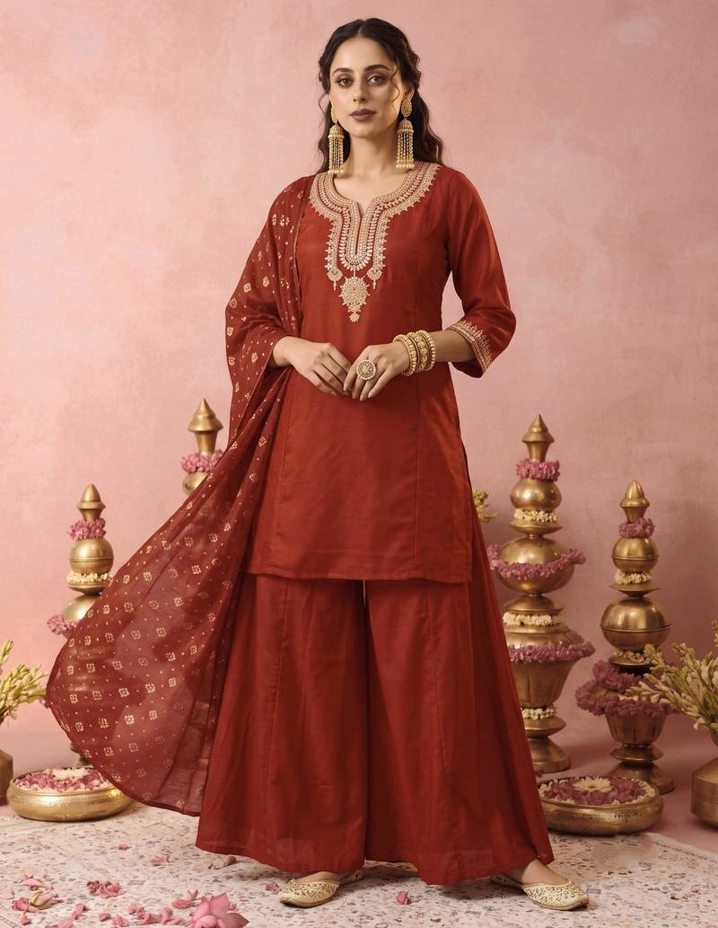Dark-orange silk embroidered