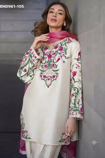 beige crepe kurta set with floral embroidered work