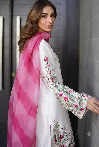 beige crepe kurta set with floral embroidered work