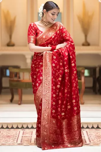 Red silk blend woven zari work saree with blouse