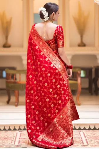 Red silk blend woven zari work saree with blouse