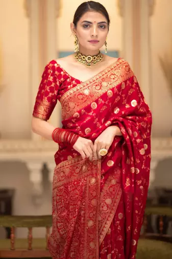 Red silk blend woven zari work saree with blouse
