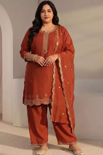 Women ethnic motifs embroidered regular chanderi silk kurta with trousers & with dupatta