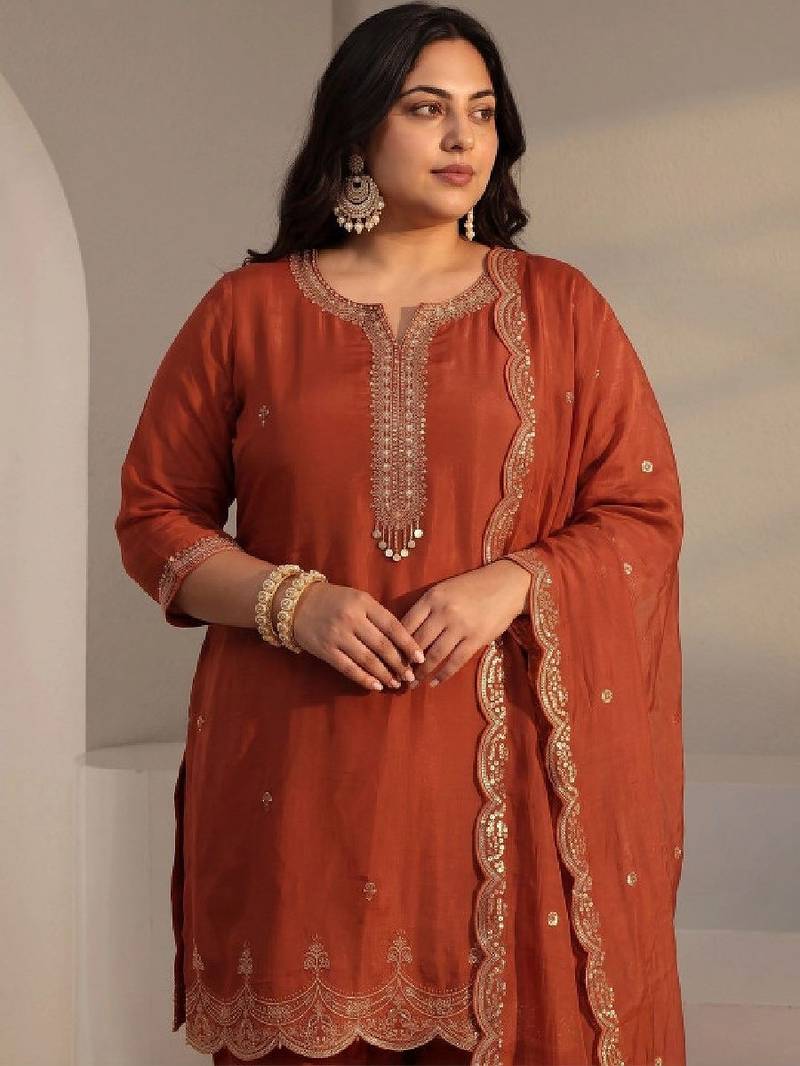 Women ethnic motifs embroidered regular chanderi silk kurta with trousers & with dupatta