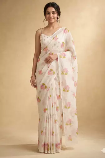 White linen printed zari work saree with blouse
