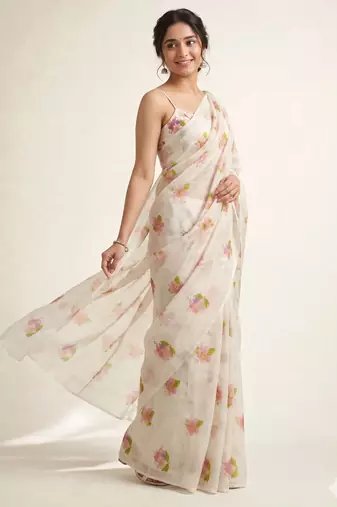 White linen printed zari work saree with blouse