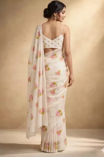 White linen printed zari work saree with blouse