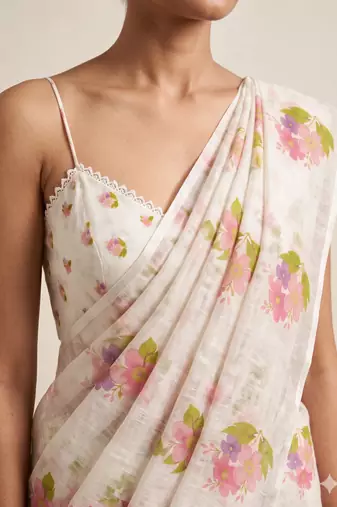 White linen printed zari work saree with blouse