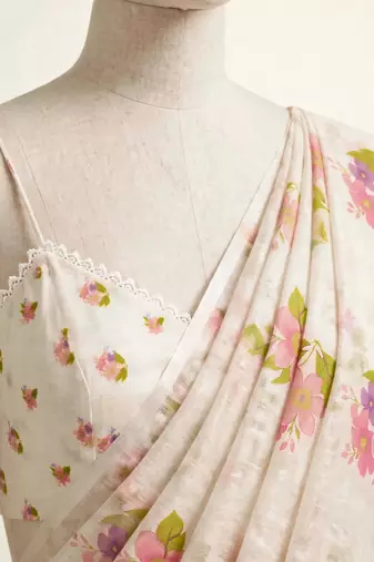 White linen printed zari work saree with blouse