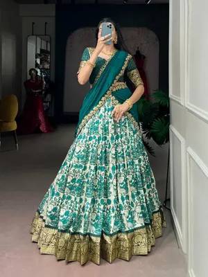 Women's Tussar Silk Floral Kalamkari Printed Lehenga Choli with Embroidered Border Dupatta 2