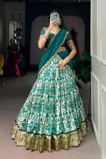 Women's Tussar Silk Floral Kalamkari Printed Lehenga Choli with Embroidered Border Dupatta