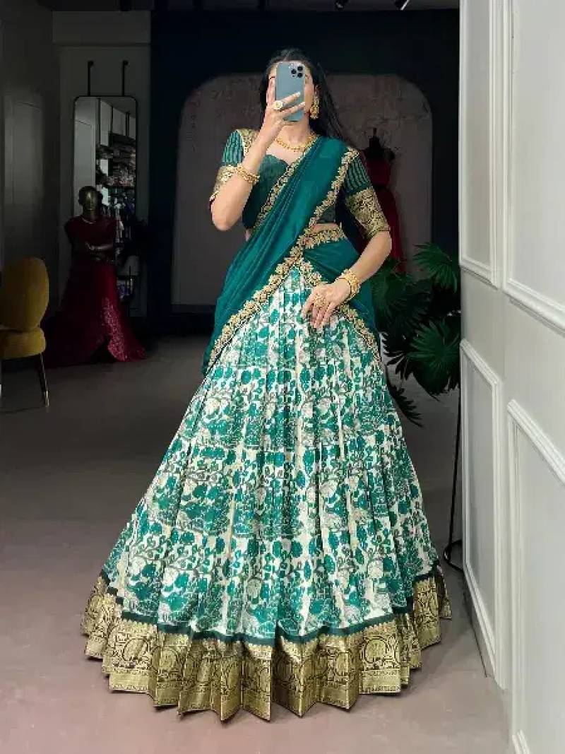 Women's Tussar Silk Floral Kalamkari Printed Lehenga Choli with Embroidered Border Dupatta