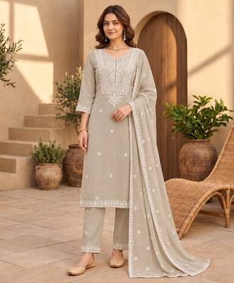 Beige chanderi readymade suit with embroidery & butti work 1