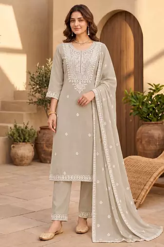 Beige chanderi readymade suit with embroidery & butti work