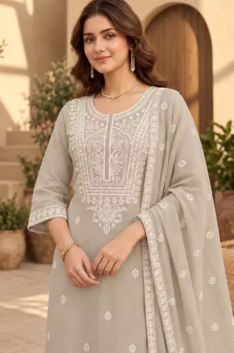 Beige chanderi readymade suit with embroidery & butti work
