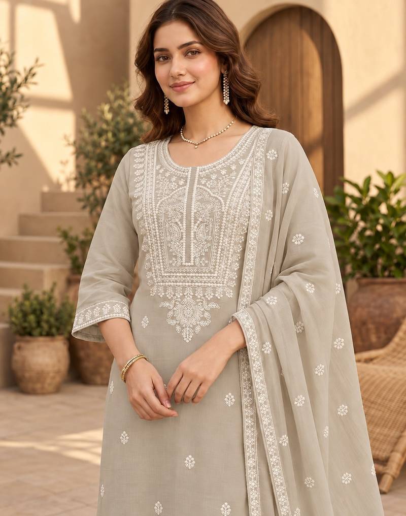 Beige chanderi readymade suit with embroidery & butti work