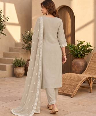 Beige chanderi readymade suit with embroidery & butti work 3