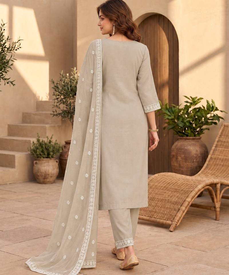 Beige chanderi readymade suit with embroidery & butti work