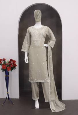 Beige chanderi readymade suit with embroidery & butti work 4