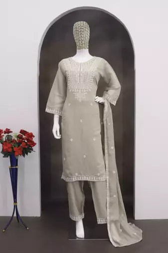 Beige chanderi readymade suit with embroidery & butti work