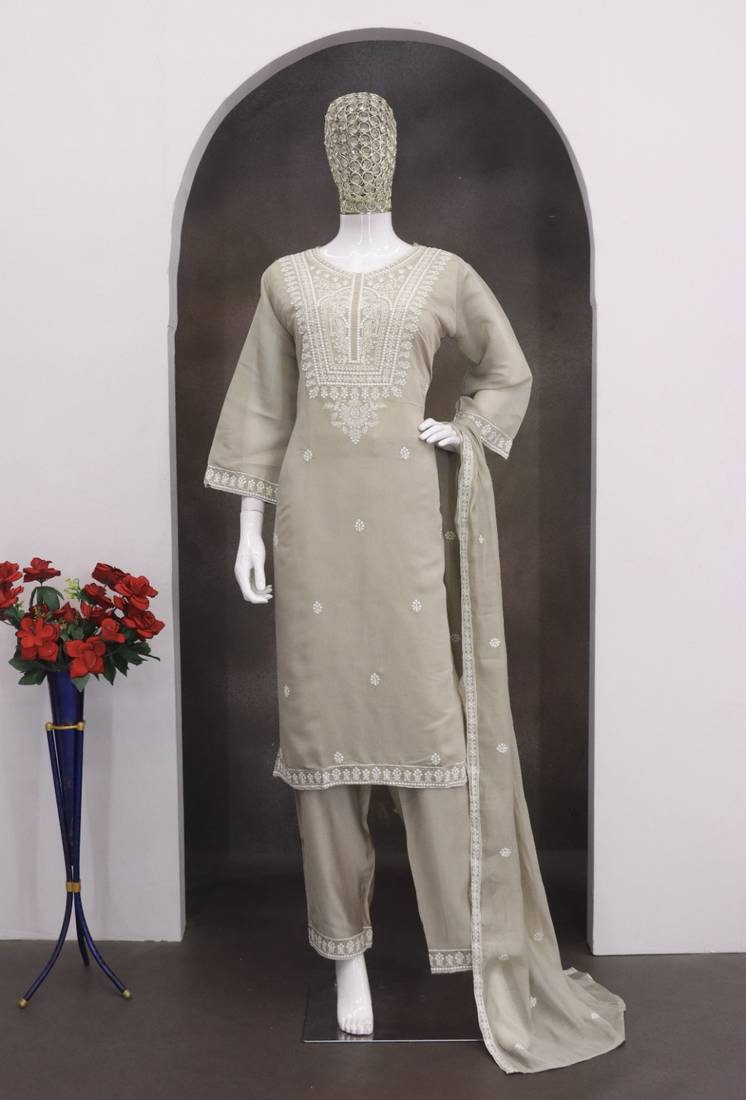 Beige chanderi readymade suit with embroidery & butti work