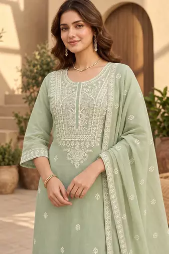 Pista chanderi readymade suit with embroidery & butti work