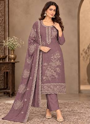 Purple viscose semi stitched suit with embroidery & sequence work 1