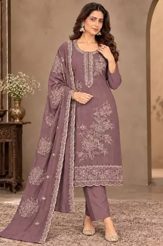 Purple viscose semi stitched suit with embroidery & sequence work