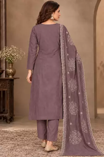 Purple viscose semi stitched suit with embroidery & sequence work