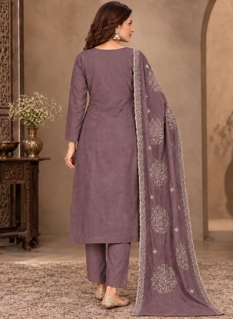 Purple viscose semi stitched suit with embroidery & sequence work