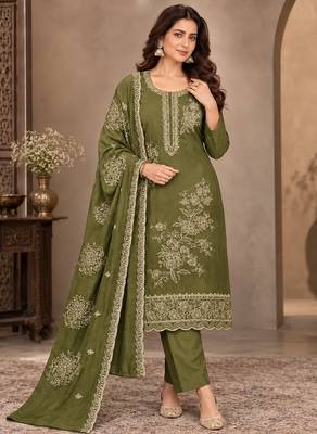 Mehendi viscose semi stitched suit with embroidery & sequence work 1