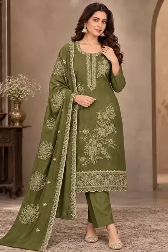 Mehendi viscose semi stitched suit with embroidery & sequence work