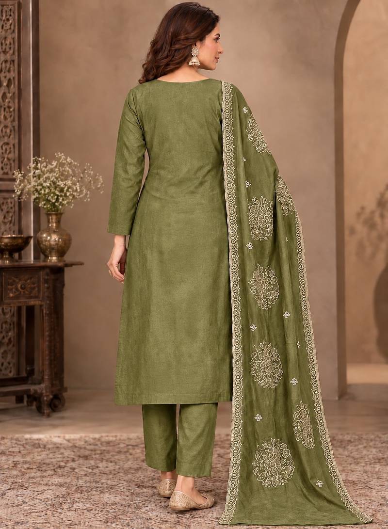 Mehendi viscose semi stitched suit with embroidery & sequence work