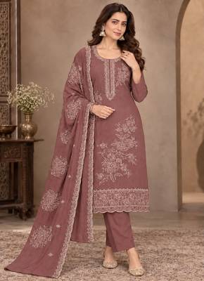 Brown viscose semi stitched suit with embroidery & sequence work 1