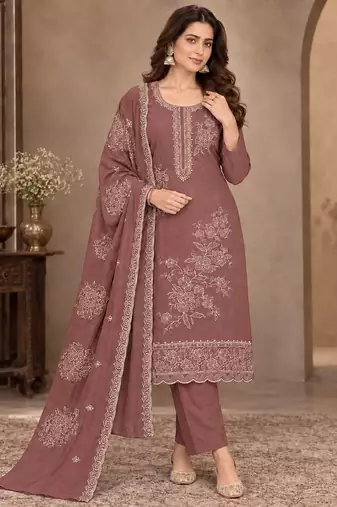 Brown viscose semi stitched suit with embroidery & sequence work