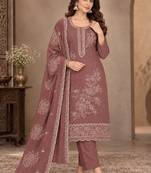 Brown viscose semi stitched suit with embroidery & sequence work