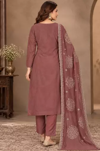 Brown viscose semi stitched suit with embroidery & sequence work